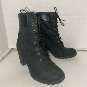 Timberland 4834 Black Leather Lace Up Heel Booties Sz 8